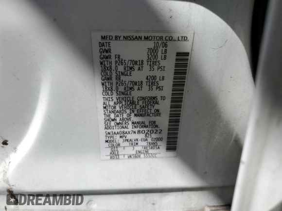 2007 Infiniti QX56 with VIN 5N3AA08AX7N802022, listed as a Copart auction lot 48762465 with 0 mi miles and Salvage Title. Bid and sale history available at carsss.com. Image 13.