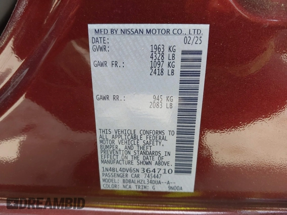2025 Nissan Altima SV z VIN 1N4BL4DV6SN364710, wystawiony jako IAAI lot #42314788 z przebiegiem 6 901 mil mil oraz . Historia ofert i sprzedaży dostępna na DreamBid. Obrazek 9.