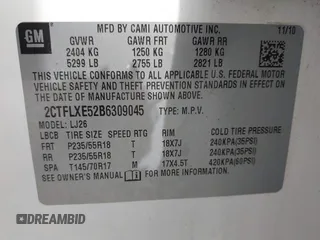 2011 GMC Terrain SLT-2 with VIN 2CTFLXE52B6309045, listed as a IAAI auction lot 41522826 with 115,578 mi miles. Bid and sale history available at carsss.com. Image 9.