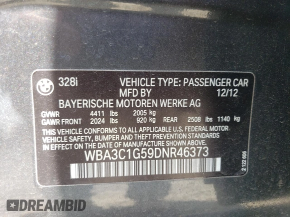 2013 BMW 3 Series 328i z VIN WBA3C1G59DNR46373, wystawiony jako Copart lot #60681655 z przebiegiem 145 678 mil mil oraz Szkoda całkowita • Salvage title. Historia ofert i sprzedaży dostępna na DreamBid. Obrazek 12.