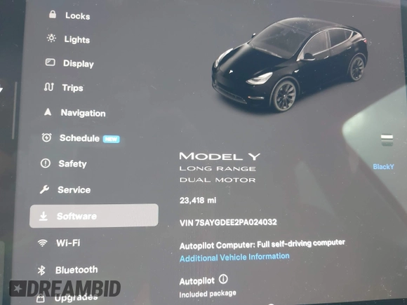2023 Tesla Model Y Long Range with VIN 7SAYGDEE2PA024032, listed as a IAAI auction lot 41213403 with 23,418 mi miles and . Bid and sale history available at DreamBid. Image 7.