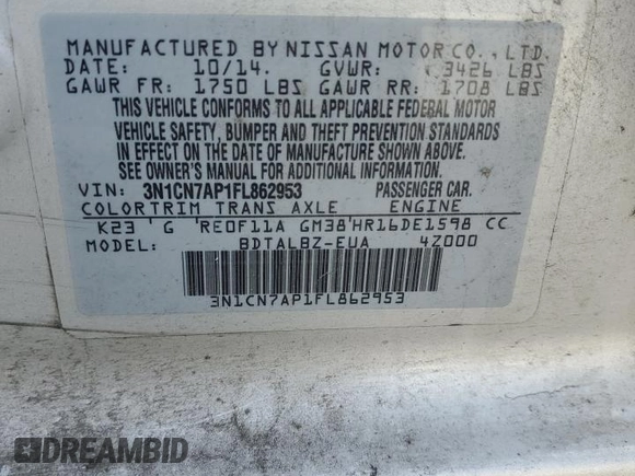 2015 Nissan Versa SV z VIN 3N1CN7AP1FL862953, wystawiony jako Copart lot #54019205 z przebiegiem 87 284 mil mil oraz Szkoda całkowita • Salvage title. Historia ofert i sprzedaży dostępna na DreamBid. Obrazek 12.