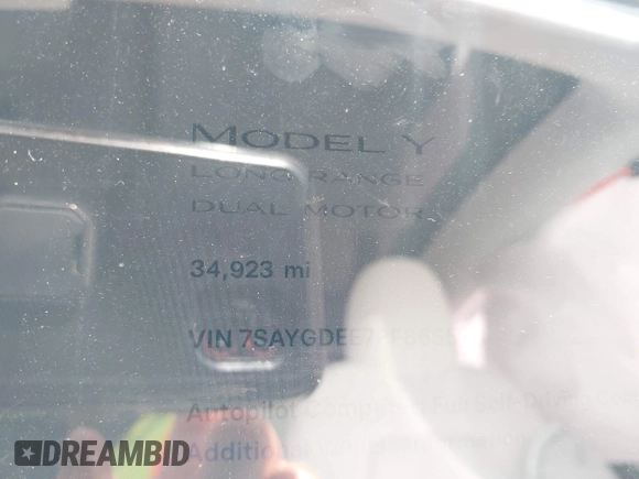 2023 Tesla Model Y Long Range with VIN 7SAYGDEE7PF865539, listed as a IAAI auction lot 42109673 with 34,923 mi miles and . Bid and sale history available at DreamBid. Image 15.