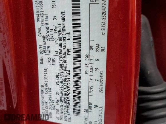 2019 Ford F-150 XL with VIN 1FTEW1EP0KFD31144, listed as a Copart auction lot 46730455 with 48,444 mi miles and Salvage Title. Bid and sale history available at DreamBid. Image 14.