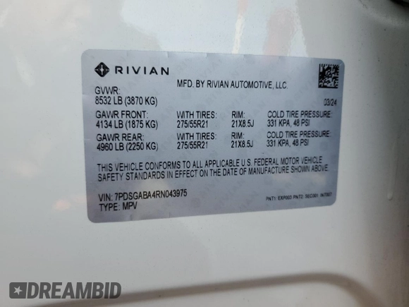 2024 Rivian R1S Adventure z VIN 7PDSGABA4RN043975, wystawiony jako Copart lot #41524615 z przebiegiem 6 807 mil mil oraz Szkoda całkowita • Salvage title. Historia ofert i sprzedaży dostępna na DreamBid. Obrazek 15.