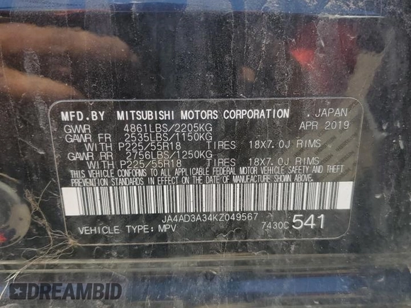 2019 Mitsubishi Outlander SE with VIN JA4AD3A34KZ049567, listed as a Copart auction lot 57341475 with 197,076 mi miles and Clean title. Bid and sale history available at DreamBid. Image 13.