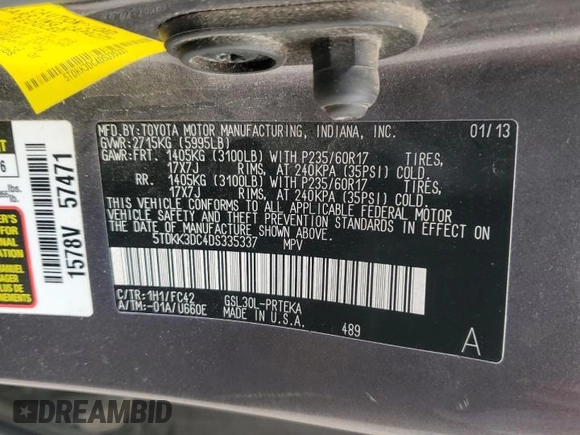 2013 Toyota Sienna LE AAS with VIN 5TDKK3DC4DS335337, listed as a Copart auction lot 46580215 with 215,477 mi miles and Salvage Title. Bid and sale history available at carsss.com. Image 13.