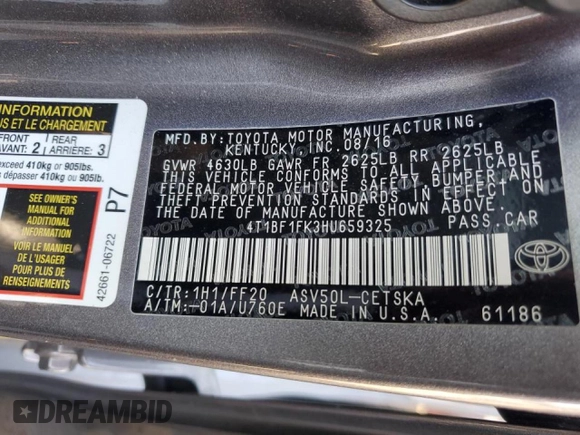 2017 Toyota Camry XLE with VIN 4T1BF1FK3HU659325, listed as a Copart auction lot 48697785 with 62,585 mi miles and Salvage Title. Bid and sale history available at carsss.com. Image 14.