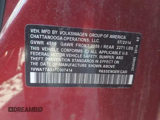 2015 Volkswagen Passat 1.8T Limited Edition with VIN 1VWAT7A33FC007414, listed as a IAAI auction lot 41305891 with 81,440 mi miles. Bid and sale history available at carsss.com. Image 9.