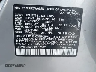 2024 Volkswagen Atlas SE z VIN 1V2WR2CA3RC567572, wystawiony jako IAAI lot #42042562 z przebiegiem 28 684 mil mil oraz . Historia ofert i sprzedaży dostępna na DreamBid. Obrazek 9.