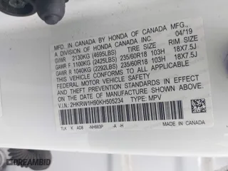 2019 Honda CR-V Touring with VIN 2HKRW1H90KH505234, listed as a IAAI auction lot 41152731 with 107,293 mi miles. Bid and sale history available at carsss.com. Image 9.