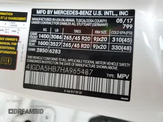 2017 Mercedes-Benz GLE 350 with VIN 4JGDA5HB7HA965487, listed as a Copart auction lot 51161165 with 79,540 mi miles and Salvage title. Bid and sale history available at DreamBid. Image 13.