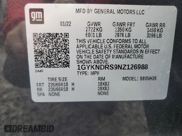 2022 Cadillac XT5 AWD Premium Luxury with VIN 1GYKNDRS9NZ126988, listed as a Copart auction lot 61019965 with 30,189 mi miles and Salvage title. Bid and sale history available at DreamBid. Image 13.