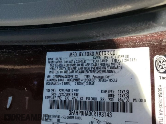 2012 Ford Fusion SE z VIN 3FAHP0HA0CR193143, wystawiony jako Copart lot #62696565 z przebiegiem 150 562 mil mil oraz Szkoda całkowita • Salvage title. Historia ofert i sprzedaży dostępna na DreamBid. Obrazek 12.