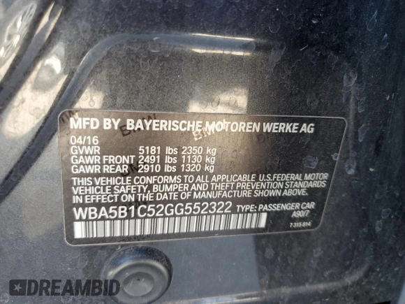 2016 BMW 5 Series 535i with VIN WBA5B1C52GG552322, listed as a Copart auction lot 88642675 with Not Provided miles and Salvage Title. Bid and sale history available at DreamBid. Image 13.