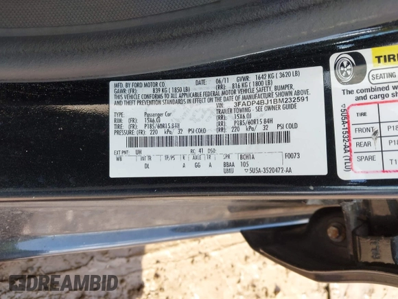 2011 Ford Fiesta SE with VIN 3FADP4BJ1BM232591, listed as a IAAI auction lot 41901982 with 159,288 mi miles. Bid and sale history available at carsss.com. Image 9.