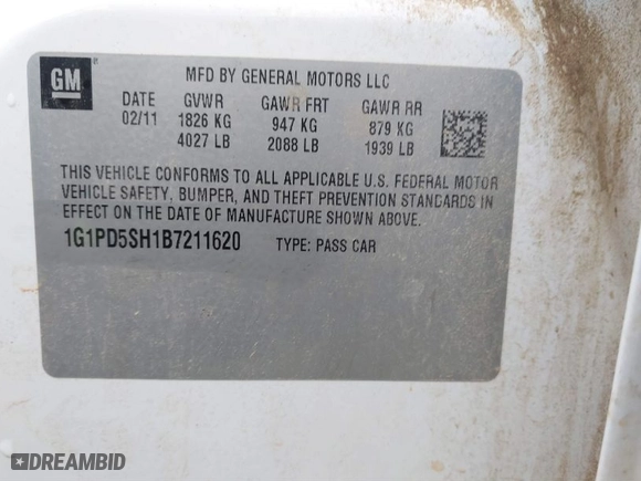 2011 Chevrolet Cruze LS with VIN 1G1PD5SH1B7211620, listed as a IAAI auction lot 40309962 with 248,815 mi miles. Bid and sale history available at carsss.com. Image 9.