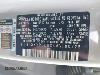 2021 Kia Telluride EX z VIN 5XYP3DHC4MG180725, wystawiony jako IAAI lot #42049513 z przebiegiem 44 796 mil mil oraz . Historia ofert i sprzedaży dostępna na DreamBid. Obrazek 9.