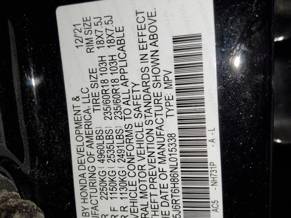 2022 Honda CR-V Hybrid EX-L with VIN 5J6RT6H86NL015338, listed as a Copart auction lot 88017245 with 105,598 mi miles and Salvage Title. Bid and sale history available at carsss.com. Image 15.