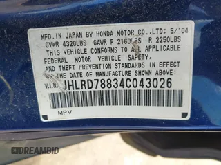 2004 Honda CR-V EX z VIN JHLRD78834C043026, wystawiony jako IAAI lot #42354800 z przebiegiem 313 818 mil mil oraz . Historia ofert i sprzedaży dostępna na DreamBid. Obrazek 9.