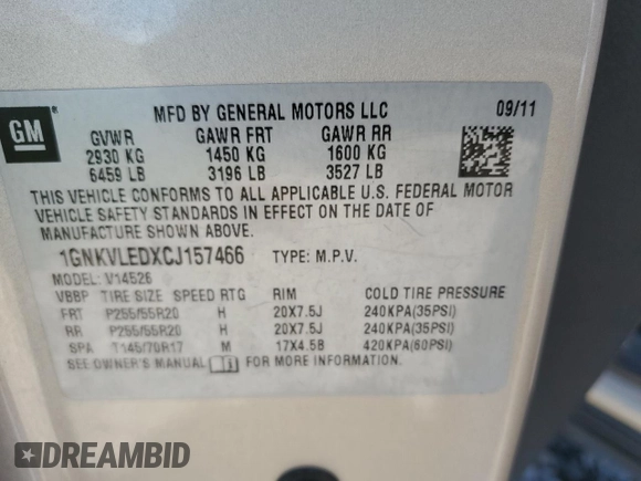 2012 Chevrolet Traverse LTZ z VIN 1GNKVLEDXCJ157466, wystawiony jako Copart lot #56336585 z przebiegiem 207 105 mil mil oraz Szkoda całkowita • Salvage title. Historia ofert i sprzedaży dostępna na DreamBid. Obrazek 14.