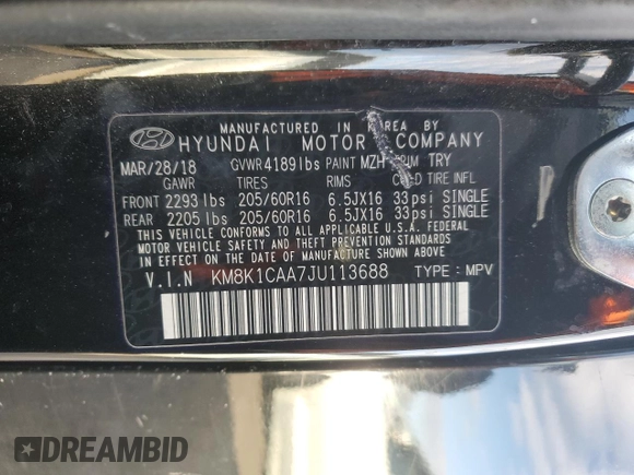 2018 Hyundai Kona SE with VIN KM8K1CAA7JU113688, listed as a Copart auction lot 42736015 with 94,766 mi miles and Salvage Title. Bid and sale history available at carsss.com. Image 12.