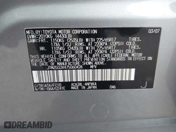 2007 Toyota RAV4 with VIN JTMZD33V475060428, listed as a IAAI auction lot 41565817 with Not Provided miles. Bid and sale history available at carsss.com. Image 9.