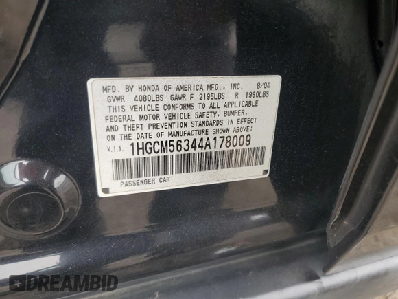 2004 Honda Accord LX z VIN 1HGCM56344A178009, wystawiony jako Copart lot #59674865 z przebiegiem 127 539 mil mil oraz Szkoda całkowita • Salvage title. Historia ofert i sprzedaży dostępna na DreamBid. Obrazek 12.
