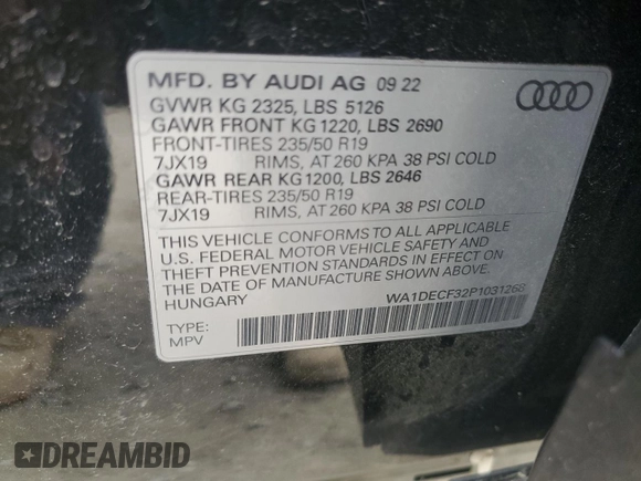 2023 Audi Q3 S line Premium with VIN WA1DECF32P1031268, listed as a Copart auction lot 53976095 with 20,891 mi miles and Salvage title. Bid and sale history available at DreamBid. Image 13.