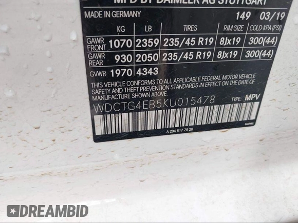 2019 Mercedes-Benz GLA 250 z VIN WDCTG4EB5KU015478, wystawiony jako IAAI lot #41488368 z przebiegiem Nie podano mil oraz . Historia ofert i sprzedaży dostępna na DreamBid. Obrazek 9.