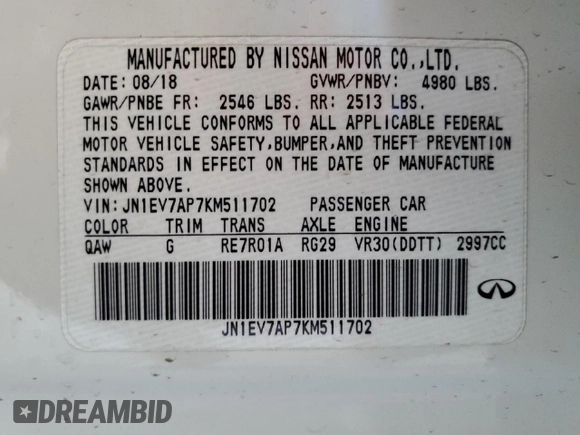 2019 Infiniti Q50 Luxe with VIN JN1EV7AP7KM511702, listed as a Copart auction lot 62198415 with 68,469 mi miles and Clean title. Bid and sale history available at DreamBid. Image 12.