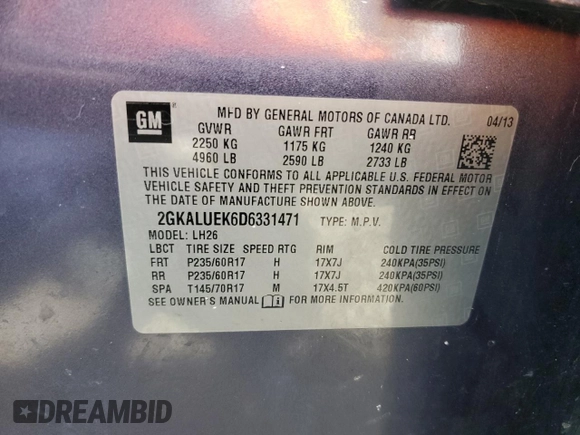 2013 GMC Terrain SLT with VIN 2GKALUEK6D6331471, listed as a Copart auction lot 65274635 with 129,201 mi miles and Clean title. Bid and sale history available at DreamBid. Image 13.