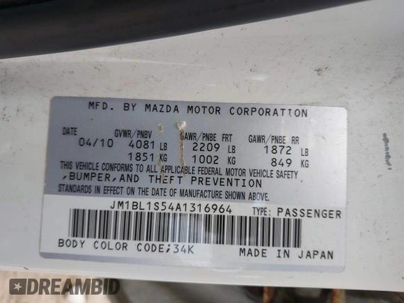 2010 Mazda 3 S Grand Touring with VIN JM1BL1S54A1316964, listed as a IAAI auction lot 42611104 with 158,688 mi miles and . Bid and sale history available at DreamBid. Image 9.