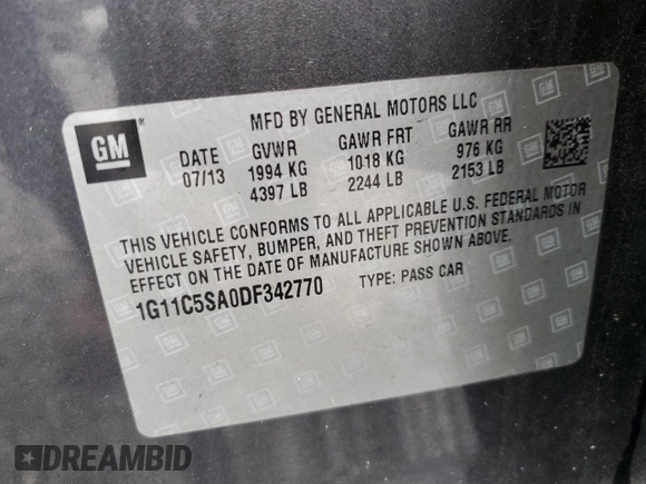 2013 Chevrolet Malibu LT with VIN 1G11C5SA0DF342770, listed as a Copart auction lot 47503575 with 226,994 mi miles and Salvage Title. Bid and sale history available at DreamBid. Image 14.