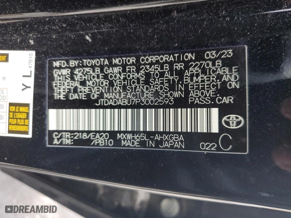 2023 Toyota Prius LE with VIN JTDADABU7P3002593, listed as a Copart auction lot 86921524 with 10,726 mi miles and Salvage Title. Bid and sale history available at carsss.com. Image 13.