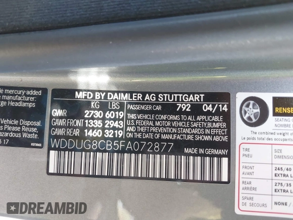 2015 Mercedes-Benz S-Class S 550 with VIN WDDUG8CB5FA072877, listed as a IAAI auction lot 41848660 with 91,532 mi miles. Bid and sale history available at carsss.com. Image 9.