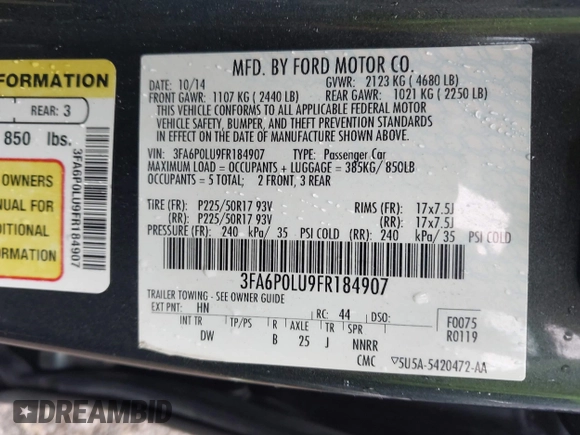2015 Ford Fusion SE Hybrid with VIN 3FA6P0LU9FR184907, listed as a IAAI auction lot 42119737 with 153,255 mi miles and . Bid and sale history available at DreamBid. Image 9.