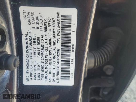 2017 Honda Civic LX with VIN 2HGFC2F51HH542488, listed as a Copart auction lot 64215385 with Not provided miles and Salvage title. Bid and sale history available at DreamBid. Image 12.