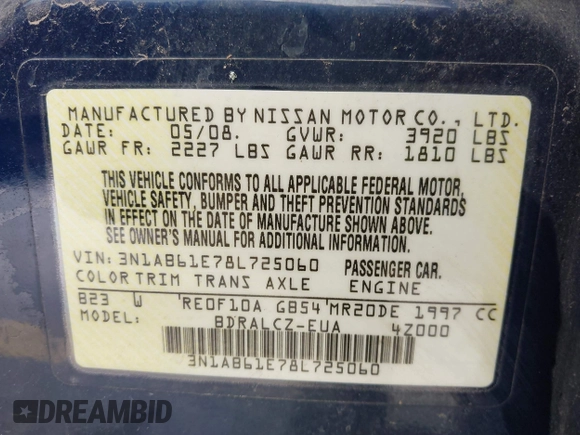 2008 Nissan Sentra S z VIN 3N1AB61E78L725060, wystawiony jako IAAI lot #42098789 z przebiegiem 195 341 mil mil oraz . Historia ofert i sprzedaży dostępna na DreamBid. Obrazek 9.