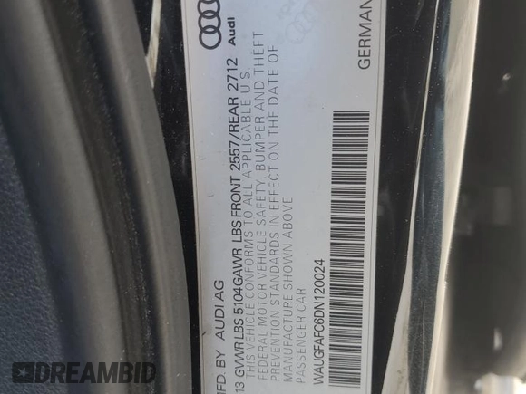 2013 Audi A6 Premium Plus with VIN WAUGFAFC6DN120024, listed as a Copart auction lot 57146605 with 140,767 mi miles and Salvage title. Bid and sale history available at DreamBid. Image 12.