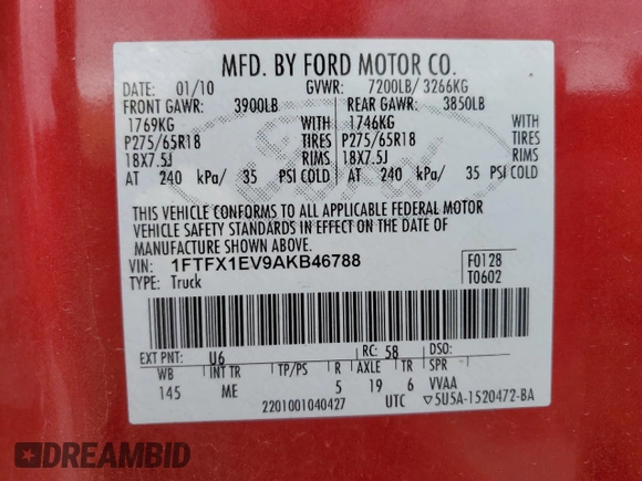 2010 Ford F-150 XL с VIN 1FTFX1EV9AKB46788, выставлен на аукционе Copart как лот 59034685 с пробегом 100 751 миль миль и Чистый • Clean title. История ставок и продаж доступна на DreamBid. Изображение 12.