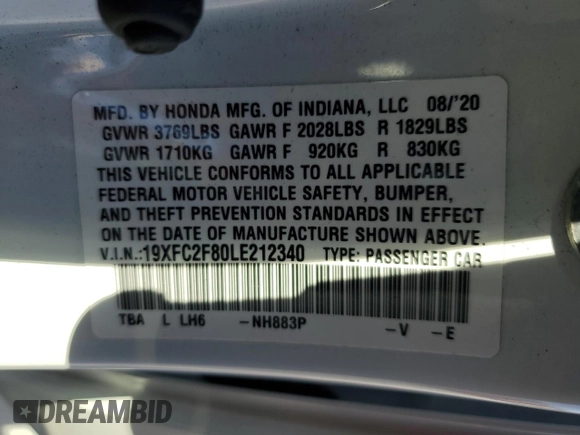 2020 Honda Civic Sedan Sport with VIN 19XFC2F80LE212340, listed as a Copart auction lot 48358685 with 31,596 mi miles and Salvage Title. Bid and sale history available at carsss.com. Image 15.