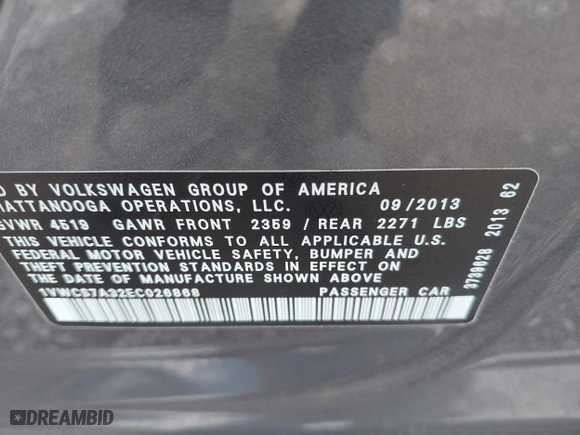 2014 Volkswagen Passat SEL Premium with VIN 1VWCS7A32EC026868, listed as a IAAI auction lot 42020450 with 90,993 mi miles. Bid and sale history available at carsss.com. Image 9.