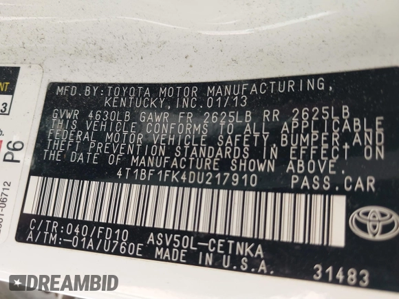 2013 Toyota Camry L with VIN 4T1BF1FK4DU217910, listed as a IAAI auction lot 41839589 with 150,000 mi miles. Bid and sale history available at carsss.com. Image 9.