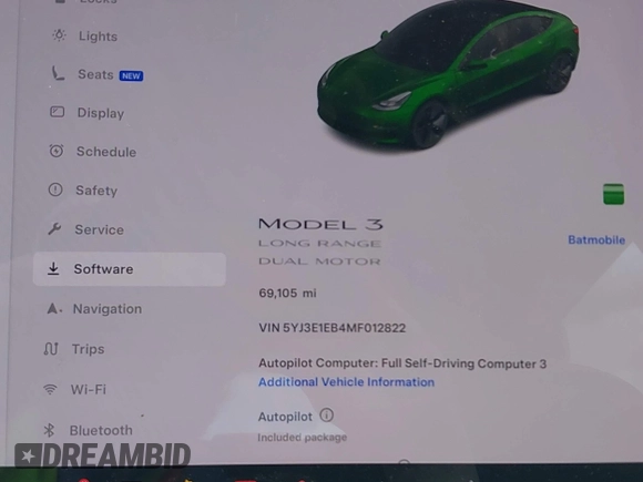 2021 Tesla Model 3 Long Range with VIN 5YJ3E1EB4MF012822, listed as a IAAI auction lot 41918721 with 69,105 mi miles. Bid and sale history available at carsss.com. Image 15.