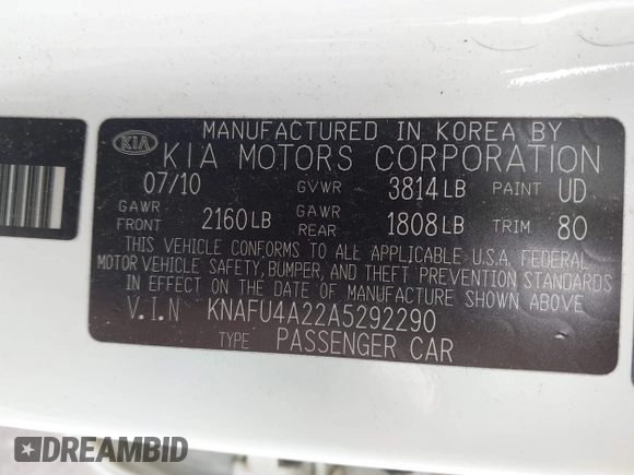 2010 Kia Forte EX z VIN KNAFU4A22A5292290, wystawiony jako IAAI lot #42195990 z przebiegiem 81 220 mil mil oraz . Historia ofert i sprzedaży dostępna na DreamBid. Obrazek 9.