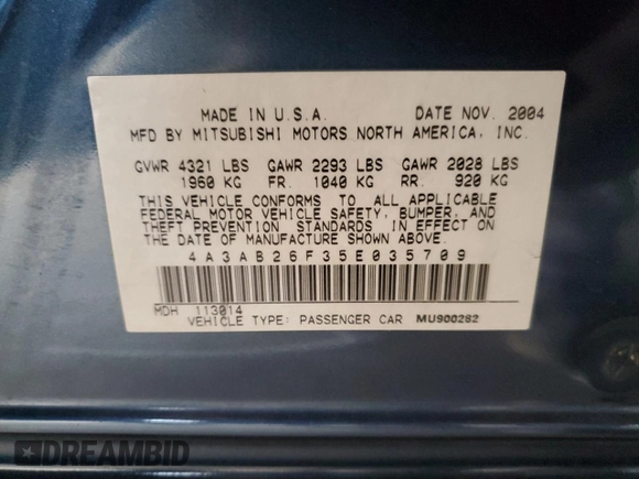 2005 Mitsubishi Galant DE with VIN 4A3AB26F35E035709, listed as a Copart auction lot 43282235 with 275,712 mi miles and Salvage Title. Bid and sale history available at carsss.com. Image 12.