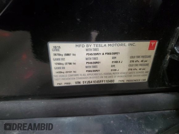 2015 Tesla Model S 85D with VIN 5YJSA1E45FF110480, listed as a Copart auction lot 49107655 with 186,150 mi miles and Salvage Title. Bid and sale history available at carsss.com. Image 13.