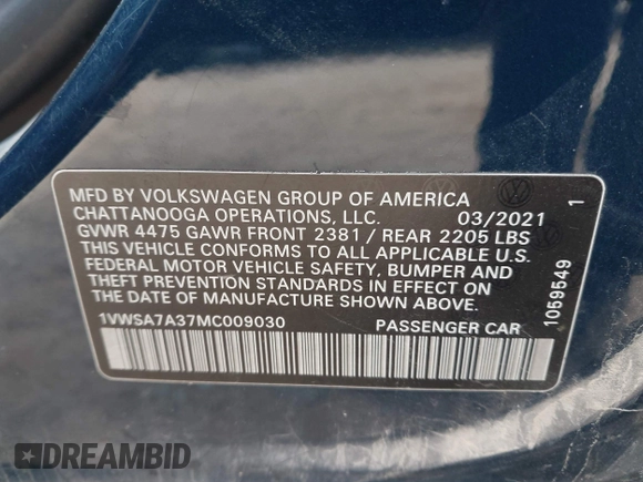 2021 Volkswagen Passat SE z VIN 1VWSA7A37MC009030, wystawiony jako IAAI lot #41172489 z przebiegiem 70 100 mil mil oraz . Historia ofert i sprzedaży dostępna na DreamBid. Obrazek 9.