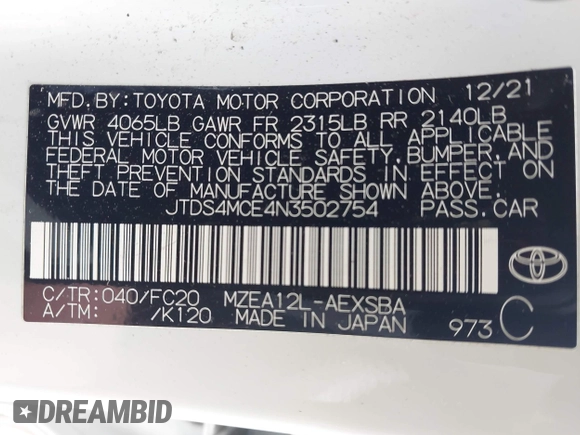 2022 Toyota Corolla SE with VIN JTDS4MCE4N3502754, listed as a IAAI auction lot 41879980 with 23,722 mi miles. Bid and sale history available at carsss.com. Image 9.